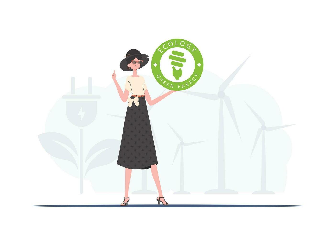 The concept of ecology and green energy. Woman holding ECO logo in her hands. trendy style. Vector illustration.