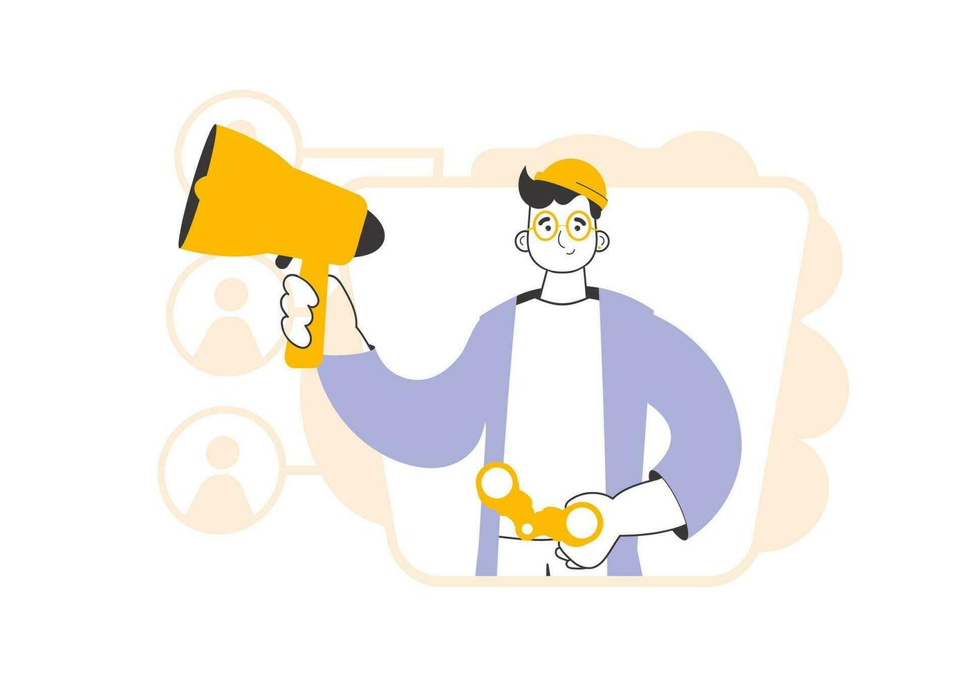 A man holds a mouthpiece and binoculars in his hands. Job Search Theme. H.R. Linear trendy style. vector