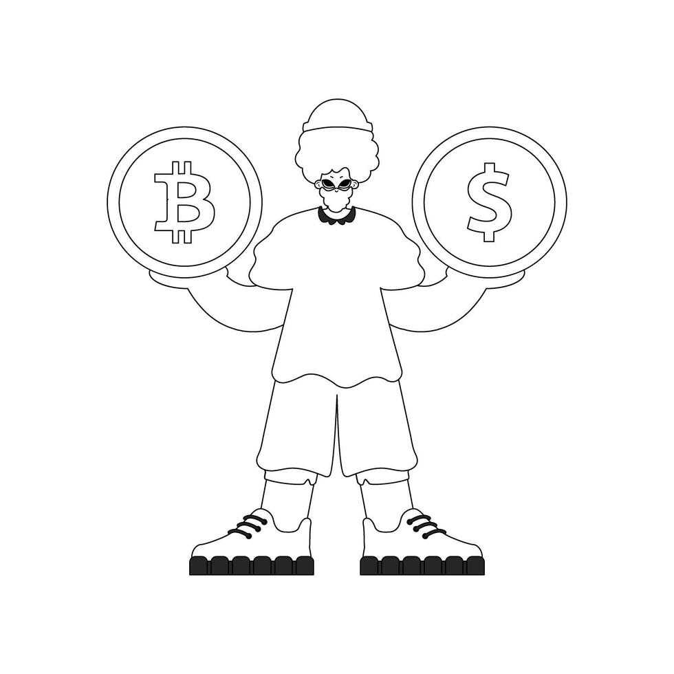 A unique man holds a coin of bitcoin and dollar in his hands. Linear newspaper black and white style. vector