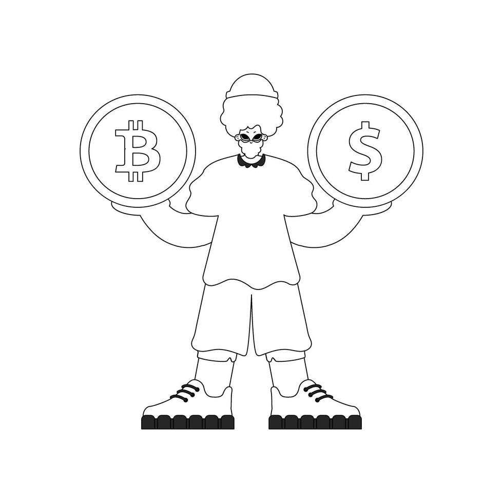 A unique man holds a coin of bitcoin and dollar in his hands. Linear newspaper black and white style. vector