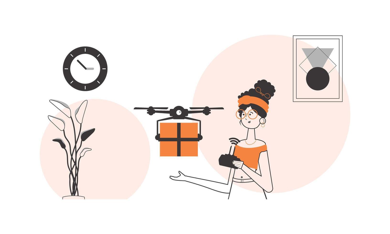 The girl sends a parcel with a drone. Air delivery concept. Minimalistic linear style. vector