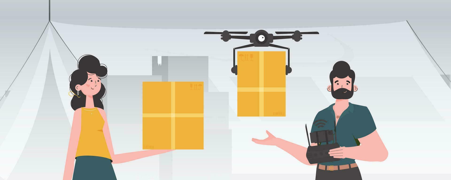 Camp for humanitarian aid. The quadcopter is transporting the parcel. Man and woman with cardboard boxes. trendy style. Vector illustration.