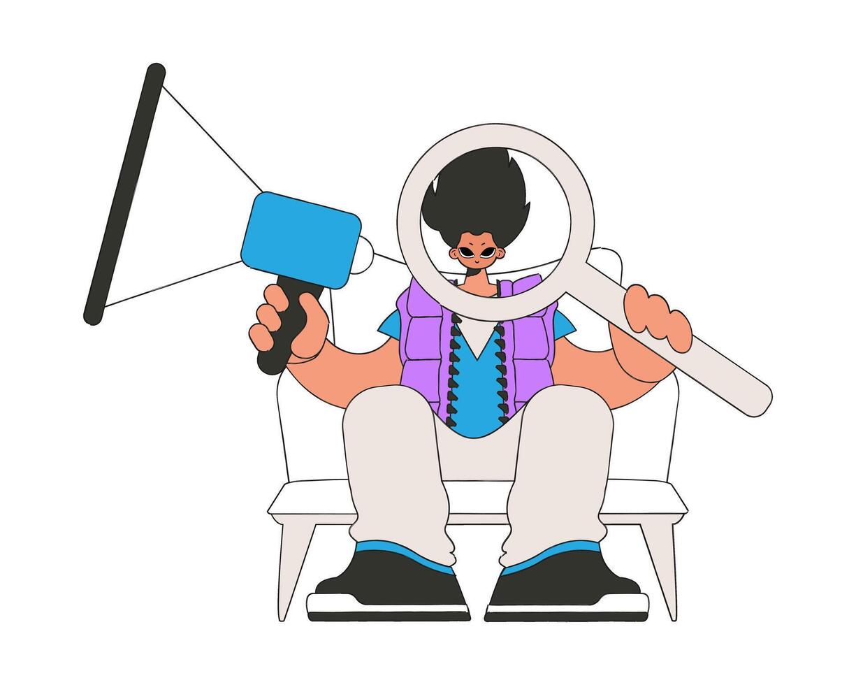 An attractive man sits in a chair and holds a megaphone. Suitable for use in communications or protest thematic projects. vector