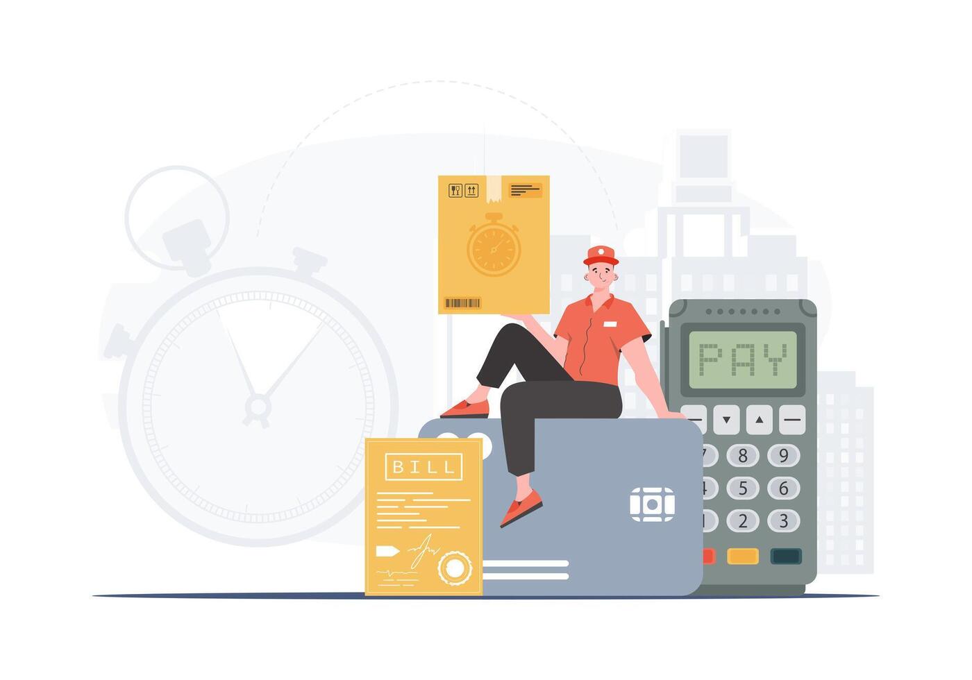 Home delivery concept. A male courier sits on a bank card and holds a box. Trendy flat style. Vector. vector