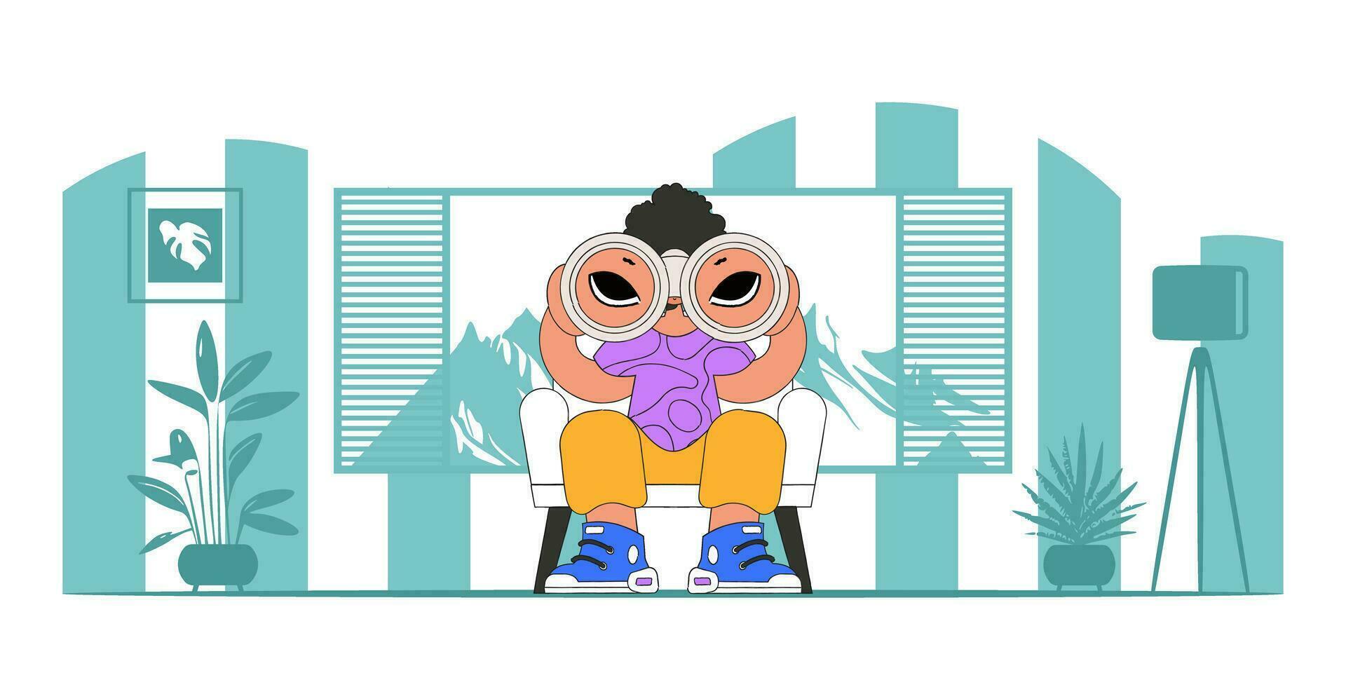 HR theme. A young man holds binoculars in his hands. vector