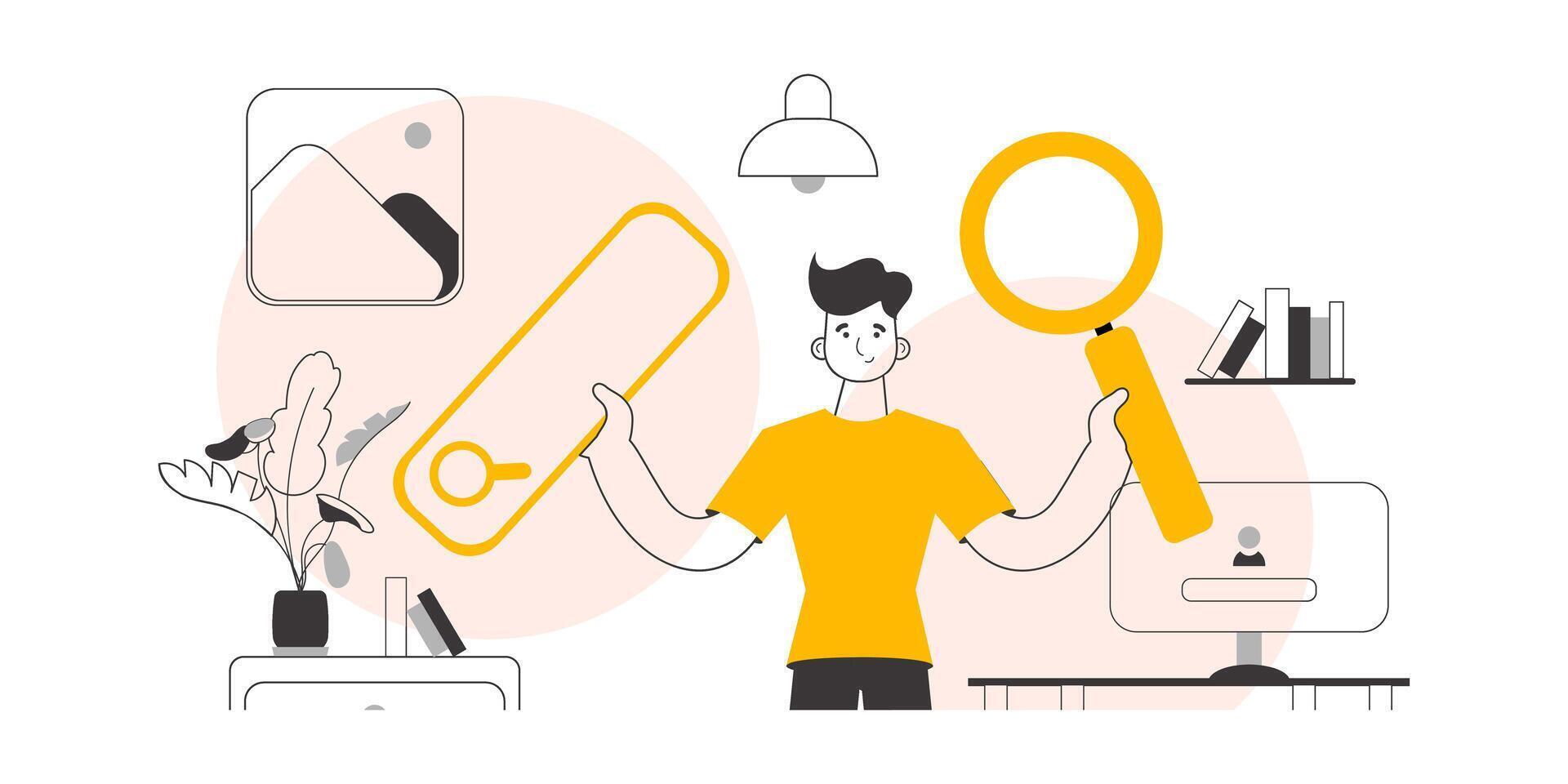 The guy is holding a magnifying glass in his hands. Search concept. Line art style. Vector illustration.