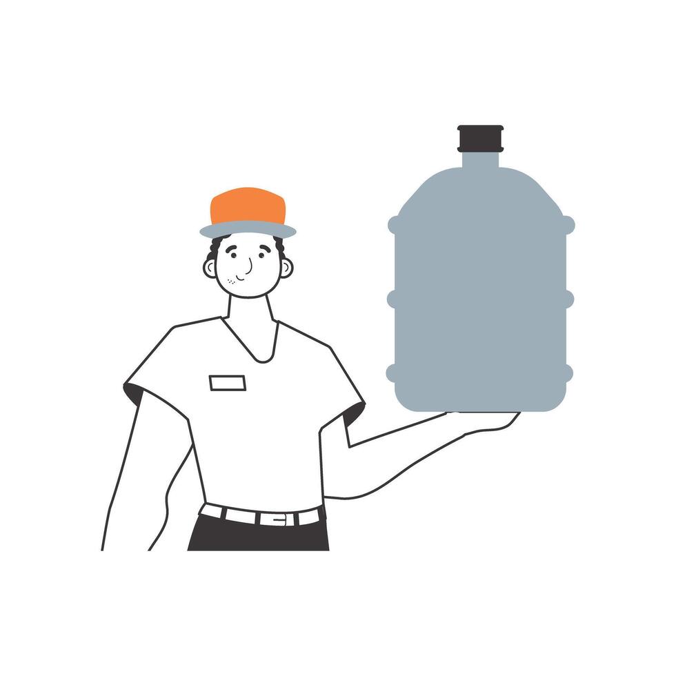 Water delivery concept. Deliveryman. with a large bottle of water in hand. Linear style. vector