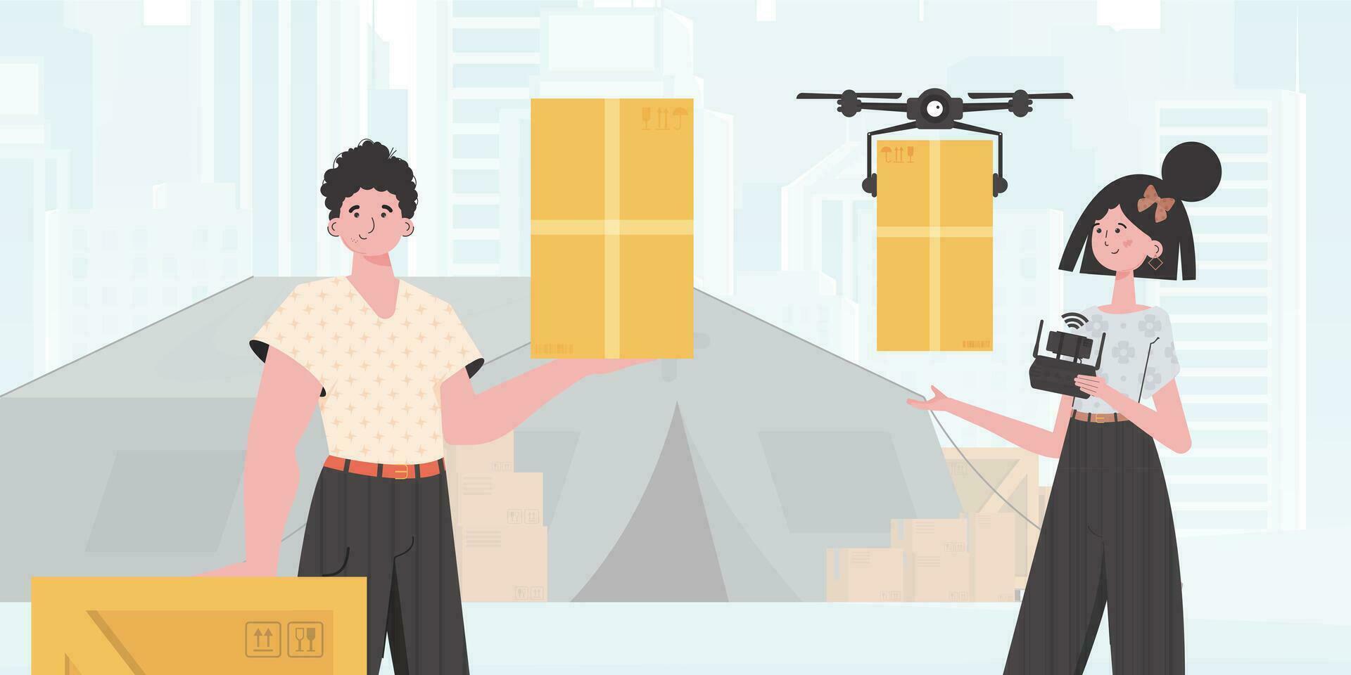 The theme of humanitarian aid. The drone is transporting the parcel. Man and woman with cardboard boxes. trendy style. Vector illustration.