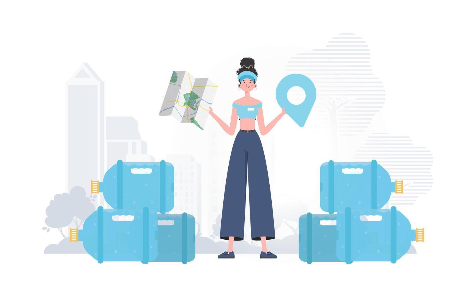 Girl water delivery operator holding a map. Stylish character is depicted in full growth. . vector