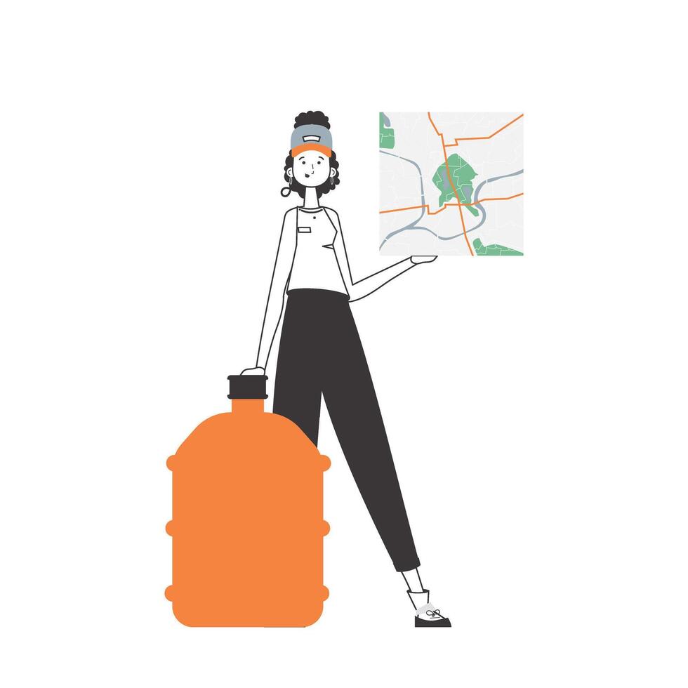 Water delivery concept. The girl is holding a map. Linear style. Isolated, vector illustration.