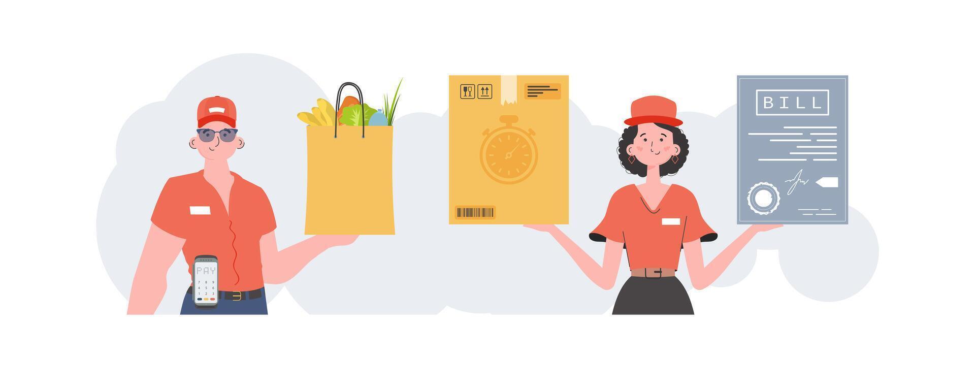 Delivery team. Ready made banner on the theme Products for home. about food delivery. trendy style. . vector
