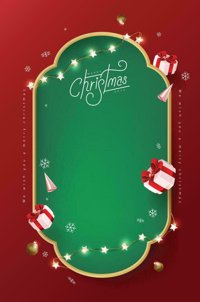 Merry Christmas sign banner frame with empty space and festive decoration on red background vector