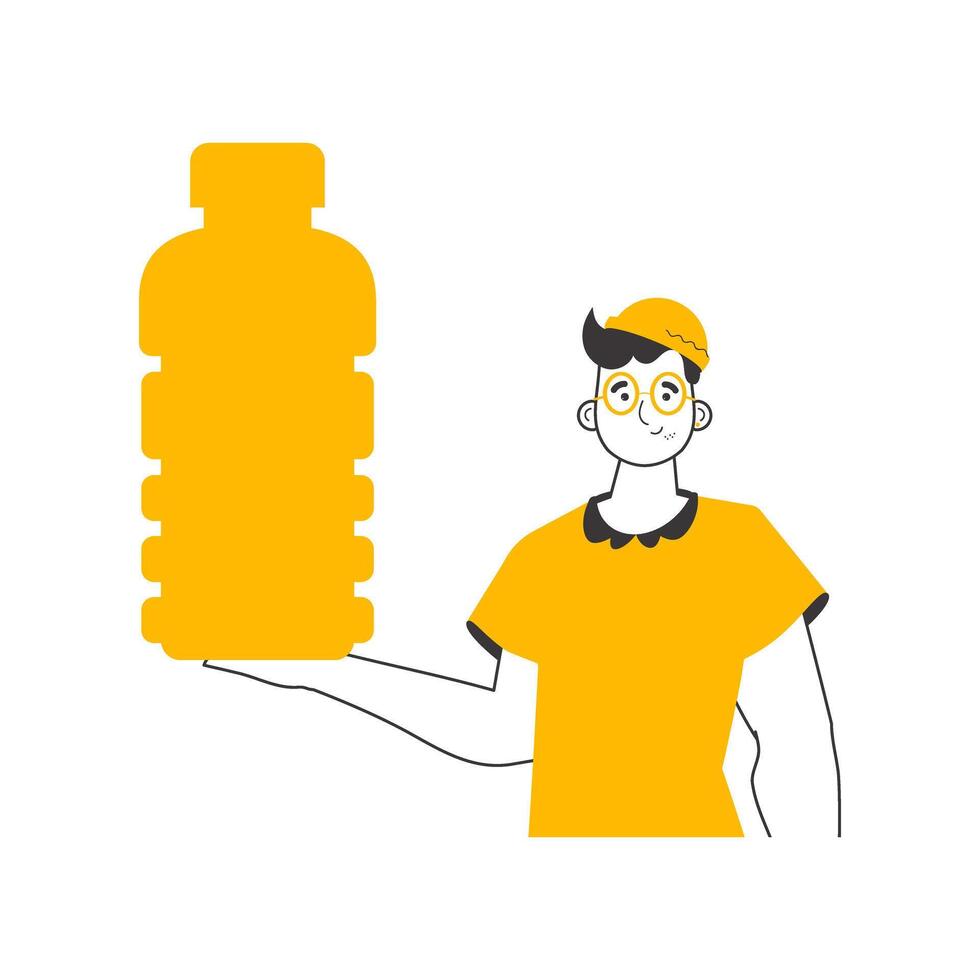 The man is holding a bottle in his hand. Linear trendy style. Isolated on white background. illustration. vector