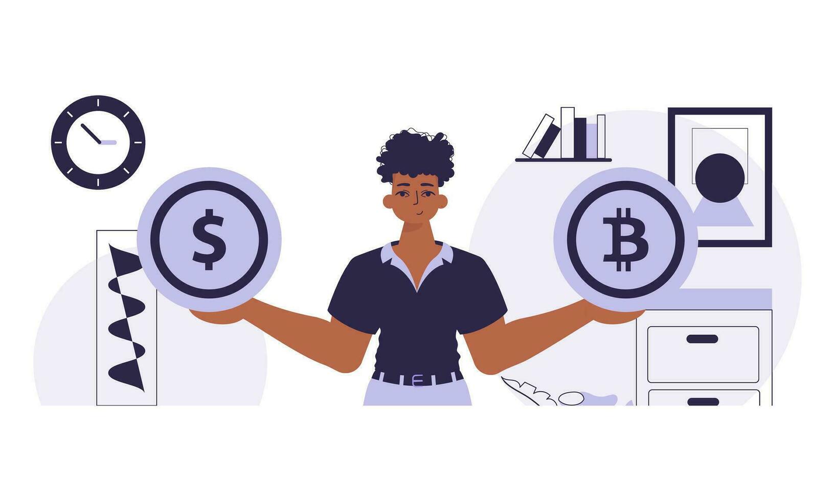 The concept of mining and extraction of bitcoin. A man holds a bitcoin and a dollar in his hands. Character in modern trendy style. vector