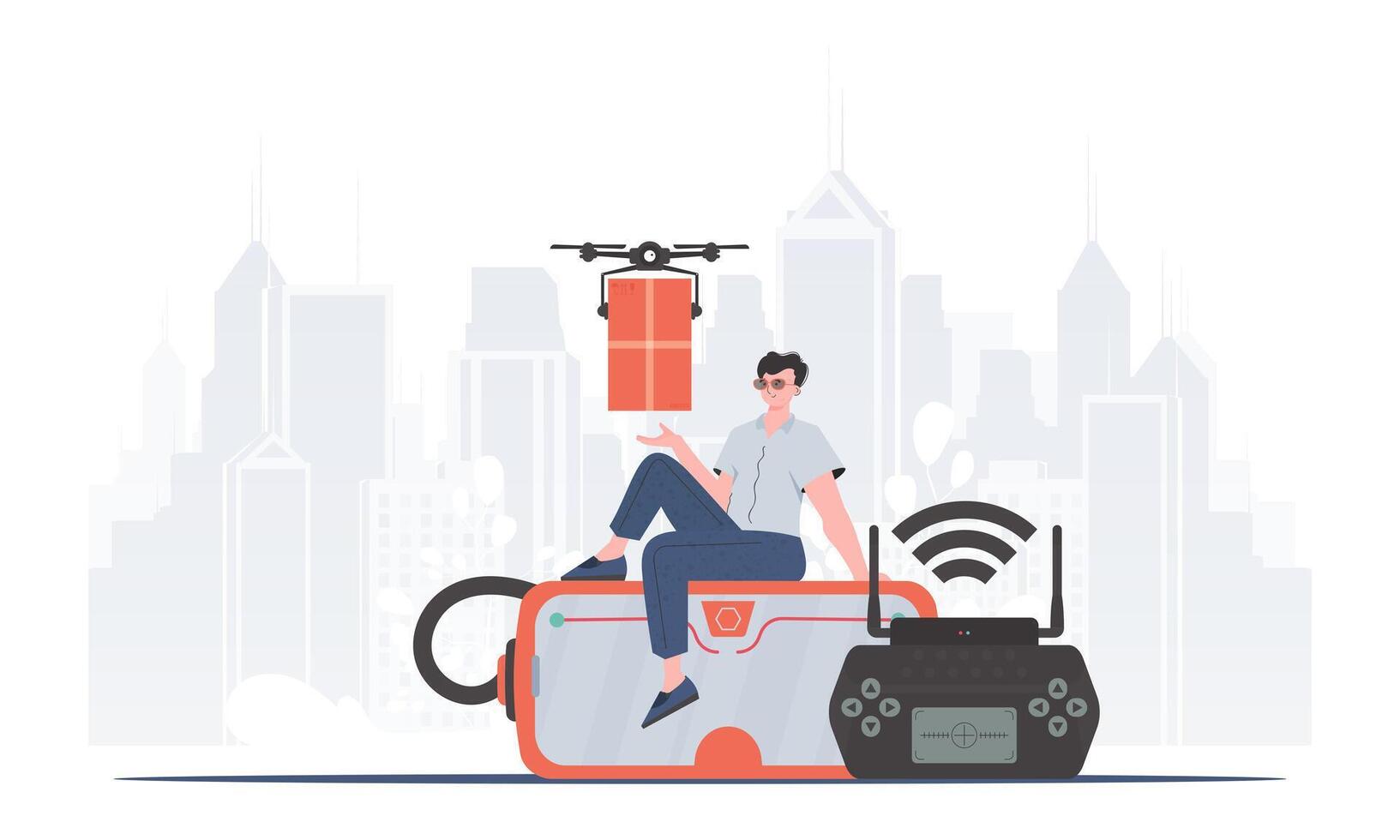 A man controls a quadcopter with a package. Delivery concept. trendy style. illustration. vector