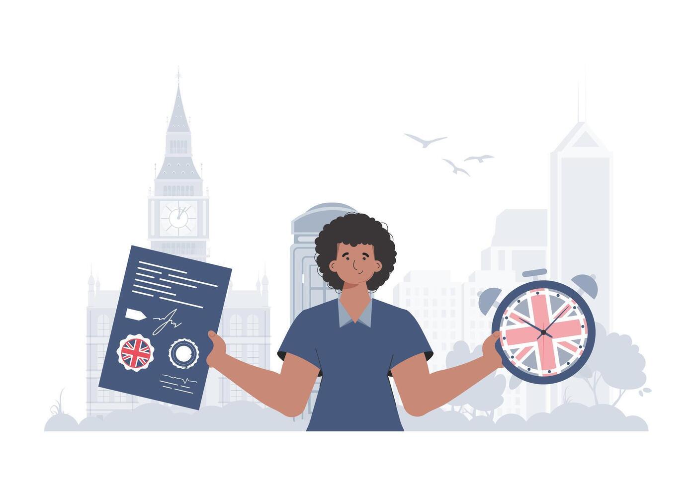 The concept of learning English. Male teacher shows that it's time to learn English. Trendy flat style. illustration. vector