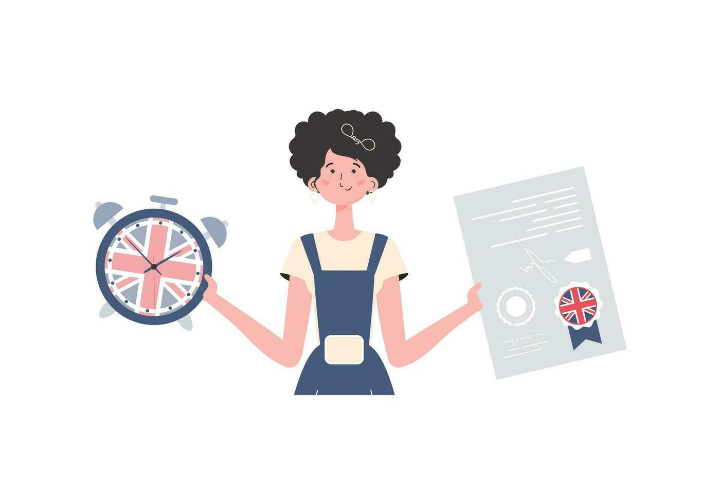 Woman teacher shows that it's time to learn English. The concept of teaching English. Isolated. trendy style. Vector illustration.
