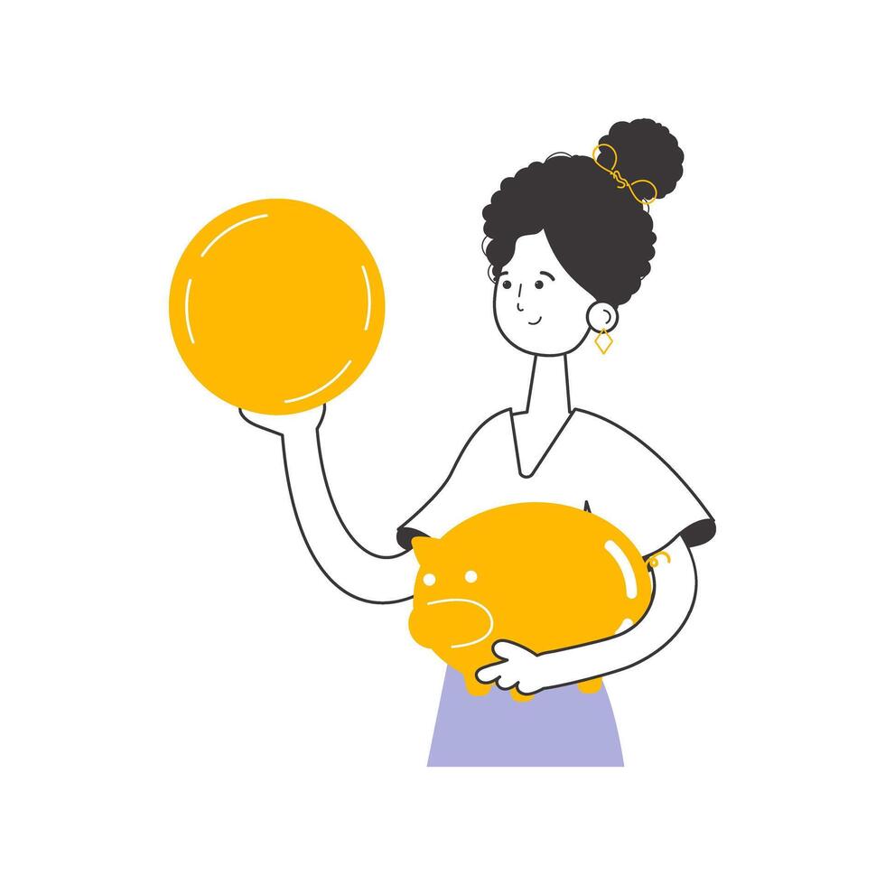 The girl is holding a coin and a piggy bank in her hands. The theme of saving money. Linear style. Isolated. Vector. vector