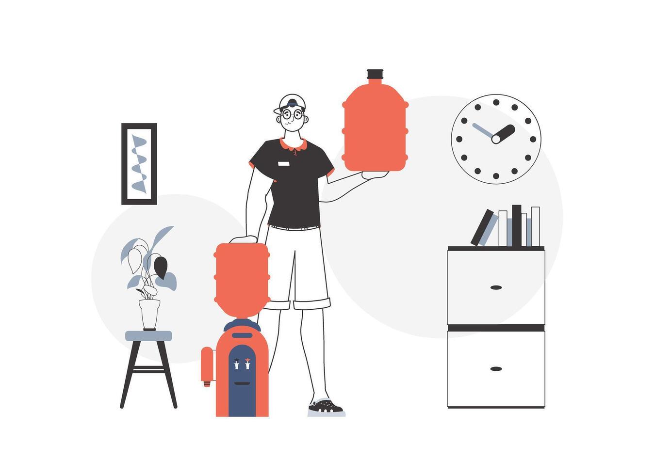 A man holds a bottle of water in his hands. Water delivery concept. Linear modern style. vector