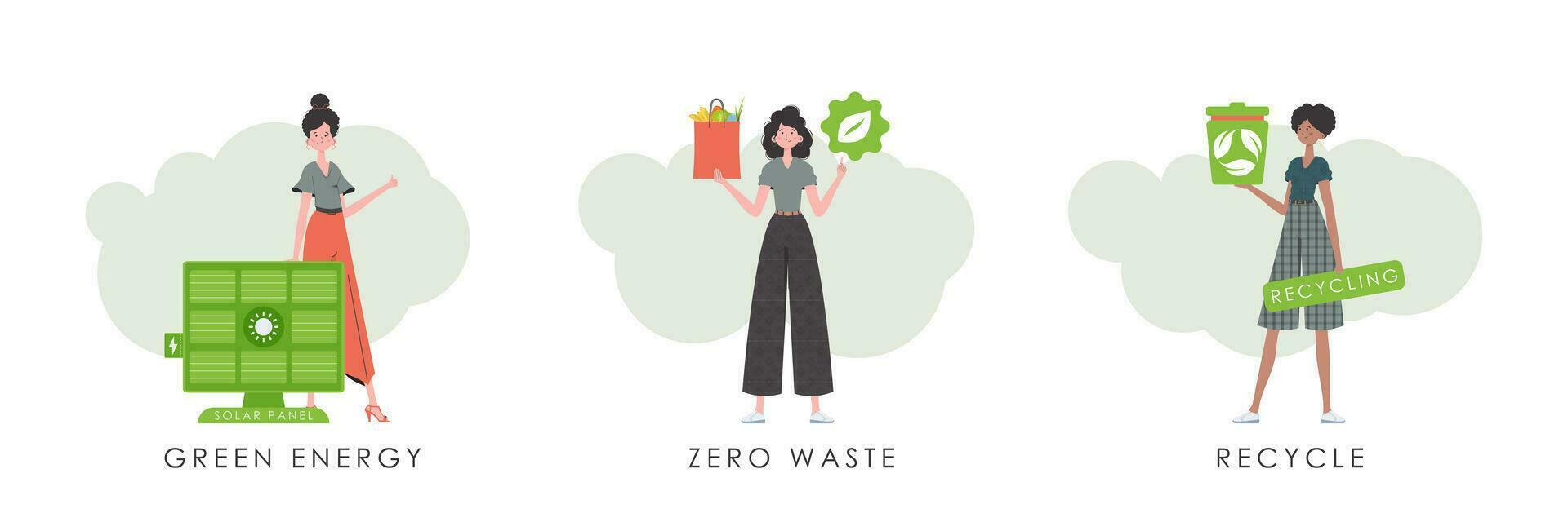 conjunto de mujer caracteres en el tema de ecología. dibujos animados de moda estilo. vector. vector