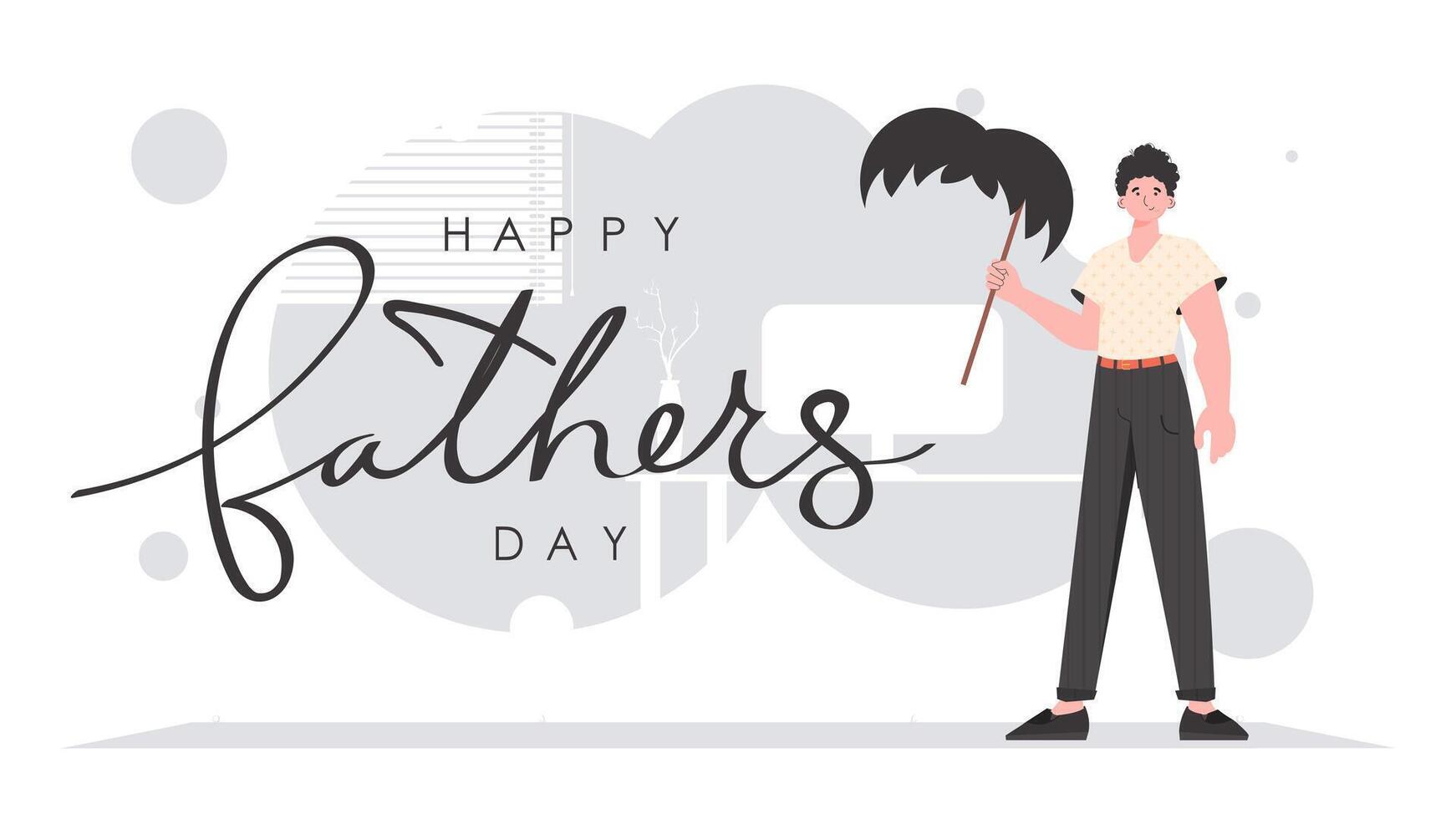 Father's day banner. The guy is holding his mustache on a stick. Trendy cartoon style. illustration. vector