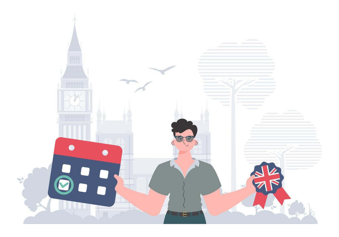 The concept of learning English. Male teacher shows that it's time to learn English. Flat modern style. illustration. vector