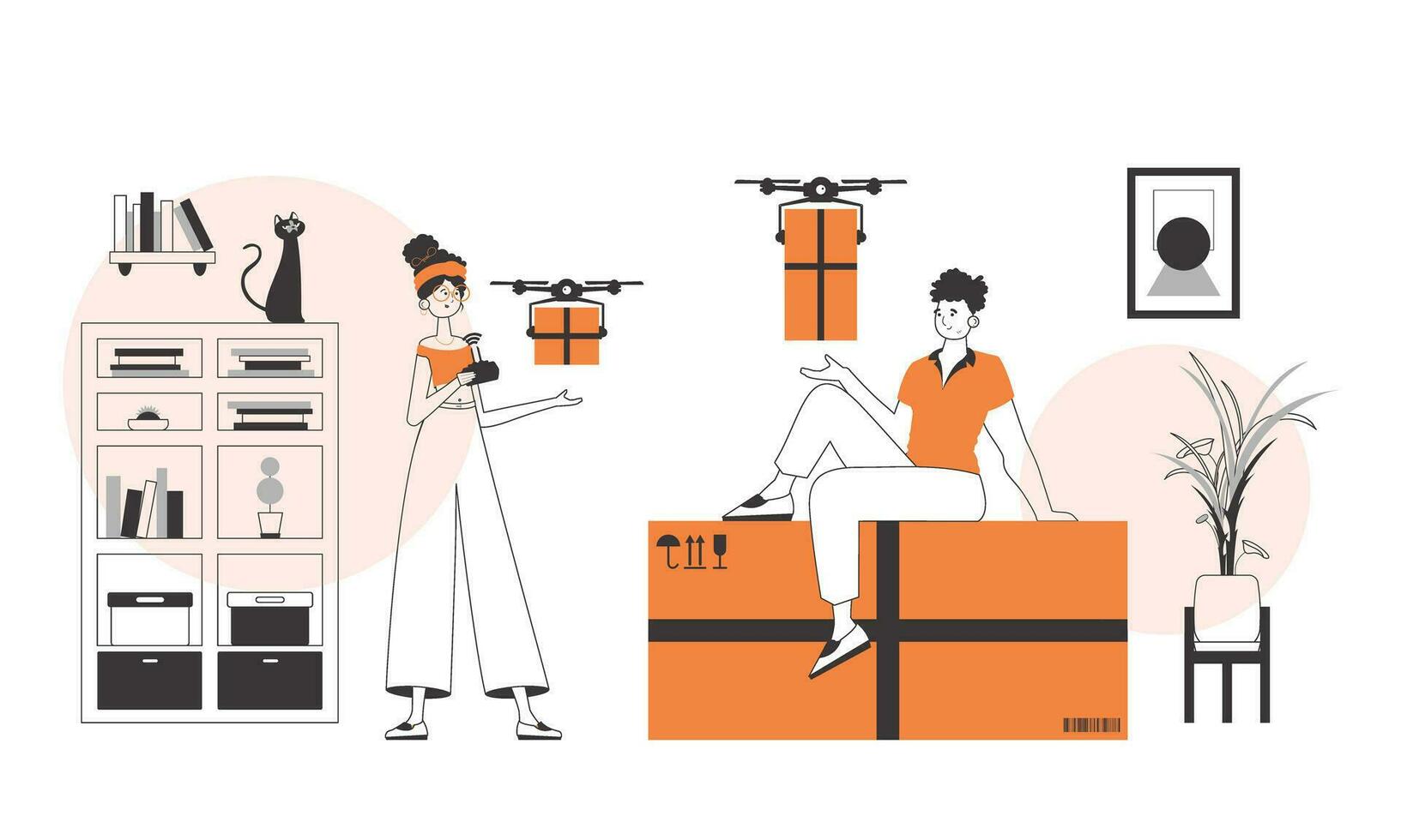 A man and a woman team sends a parcel by drone. The concept of cargo delivery by air. Minimalistic linear style. vector