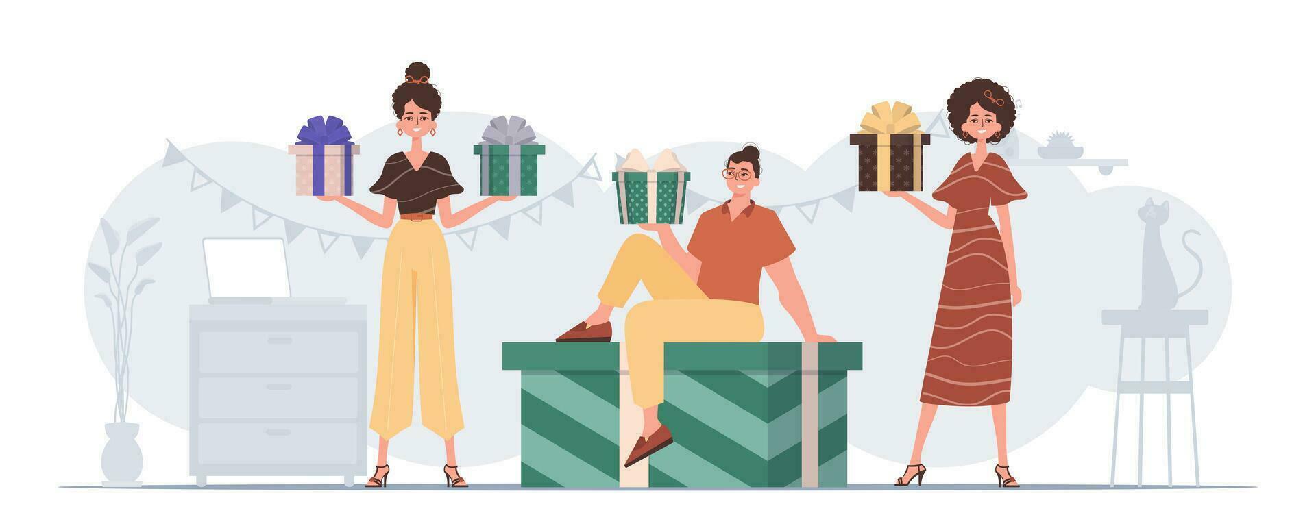 A group of people holds a festive gift box in their hands. Modern flat vector illustration.