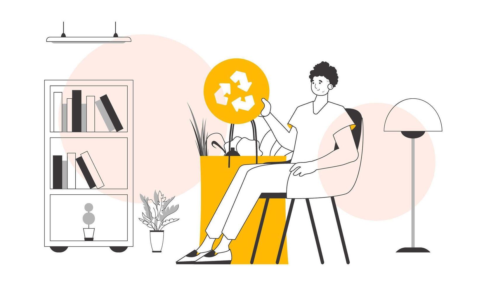 The concept of ecological products. A man, a package with products and an eco logo. Lineart style. vector
