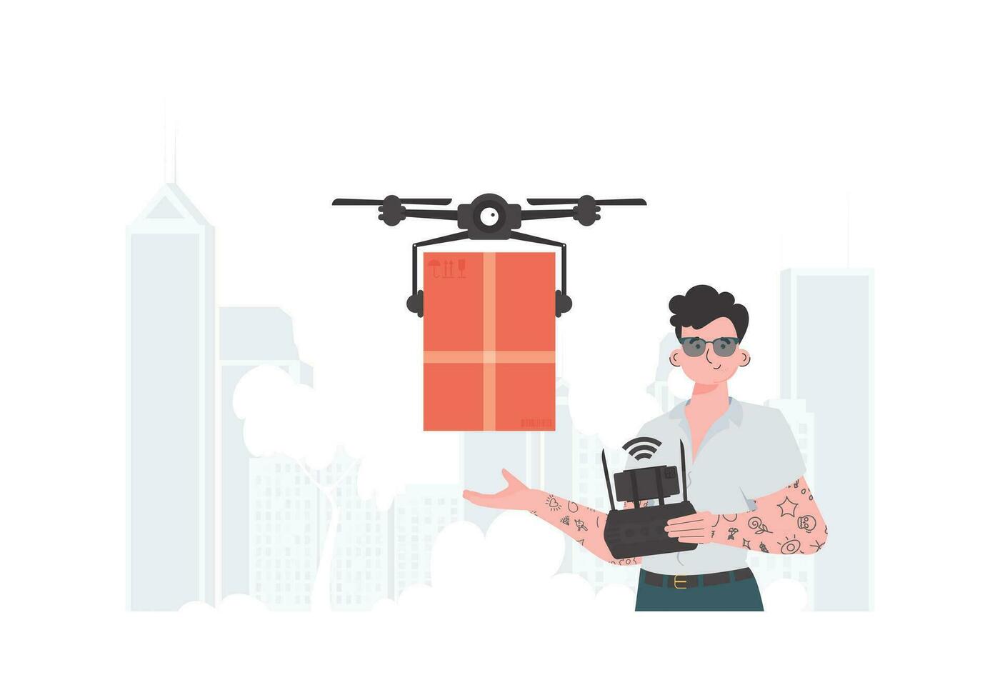 A man controls a quadcopter with a package. Delivery theme. trendy style. Vector illustration.