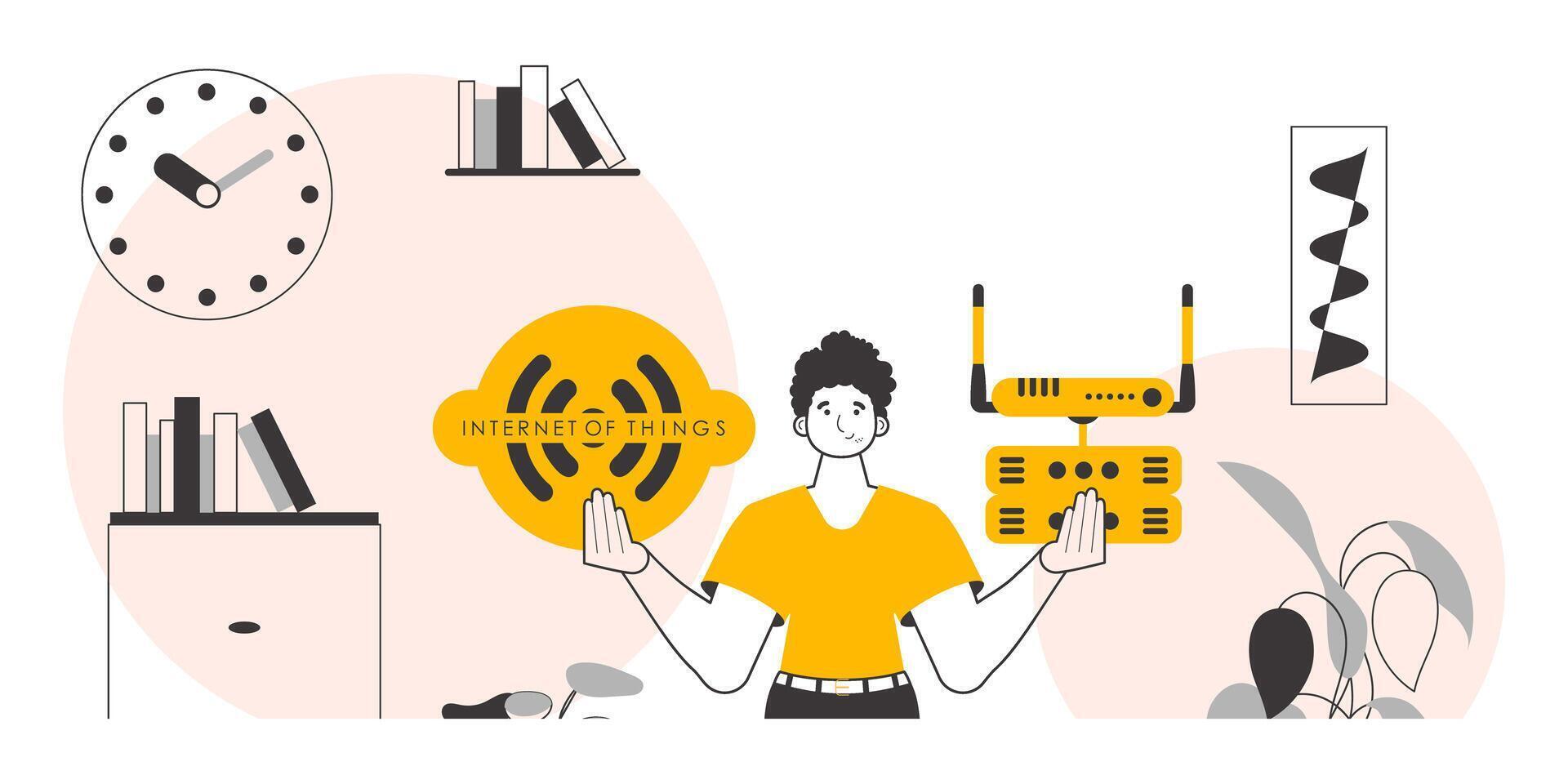 The guy holds the IOT logo in his hands. Lineart style. illustration. vector