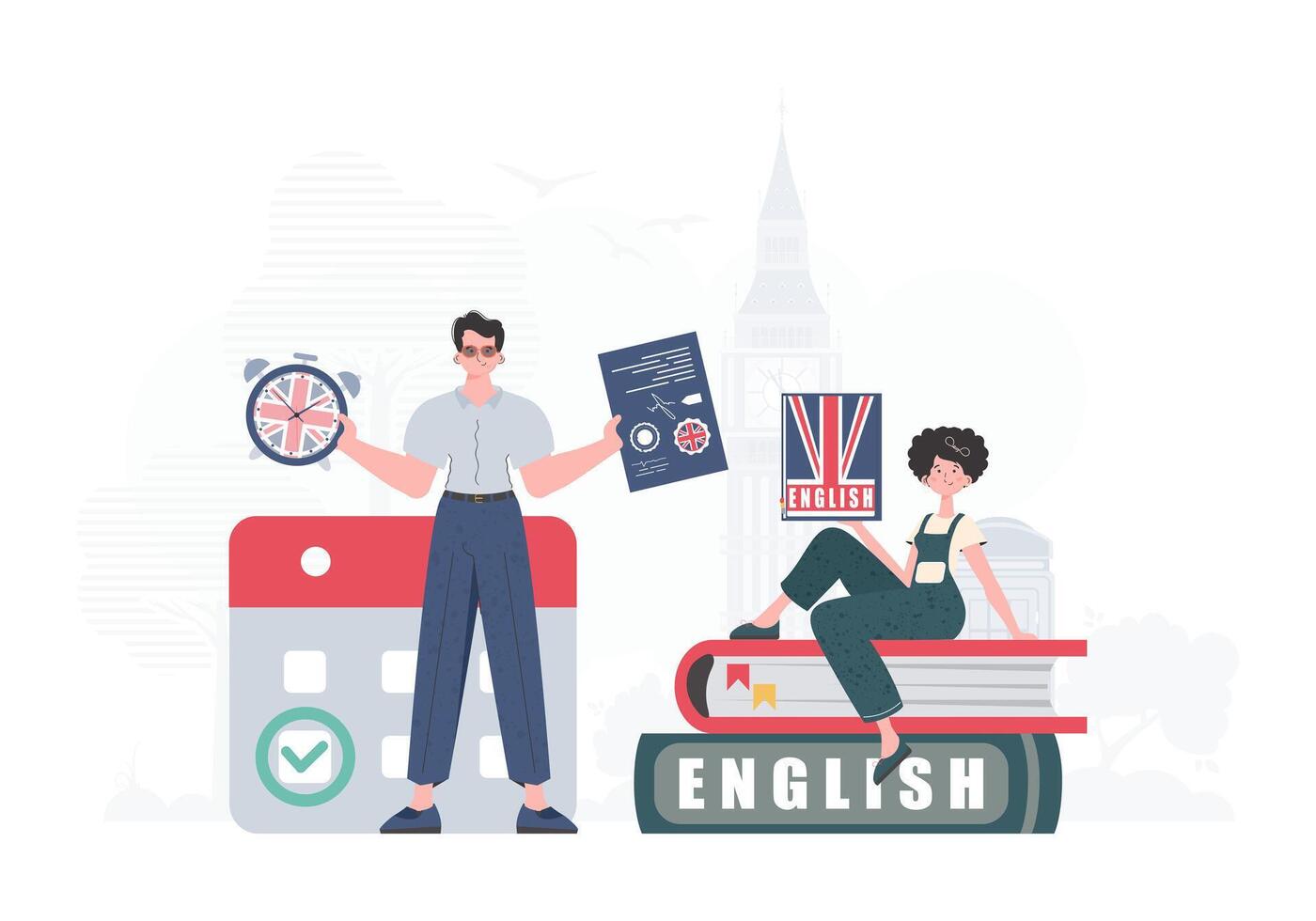 The concept of learning English. Man and woman English teacher. Trendy cartoon style. . vector