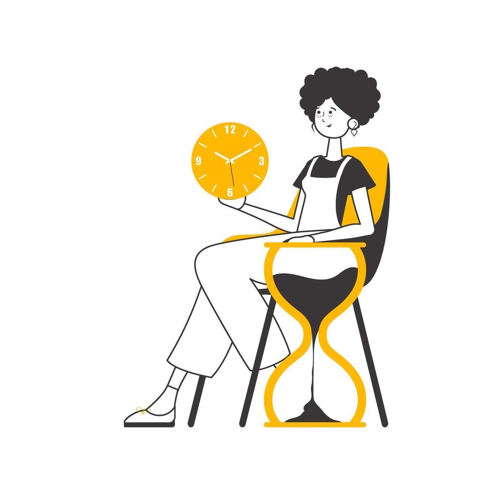 A woman is holding a watch in her hands. Time management concept. Modern linear style. Isolated. Vector illustration.