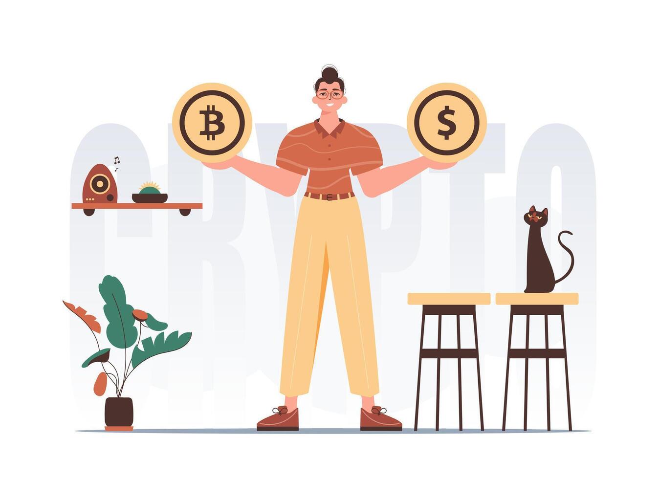 Bitcoin mining concept. A man holds a bitcoin and a dollar in his hands. Character with a modern style. vector