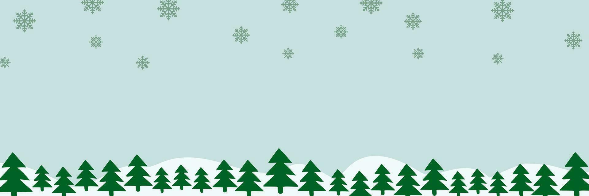 Border with green fir trees, falling snowflakes, snowdrifts with Copyspace for text. Pine, xmas evergreen plants banner. Vector Christmas tree garland and snow drifts pattern. Flat background.