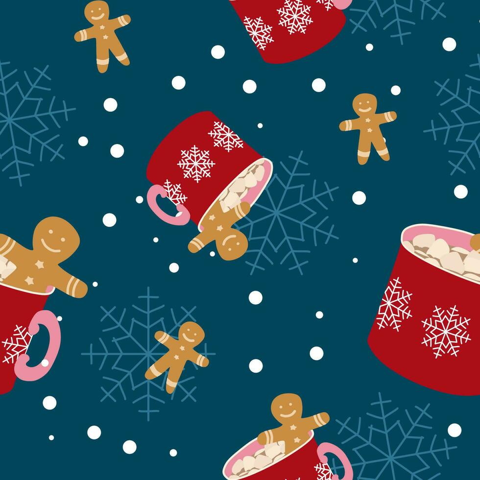 Vector seamless pattern with Hot cocoa in flat design. Cookies, Cup, Snowflakes and marshmallow. Winter holidays Hot Chocolate drink. Christmas template for Textile, Banner, Decoration, Fabric.
