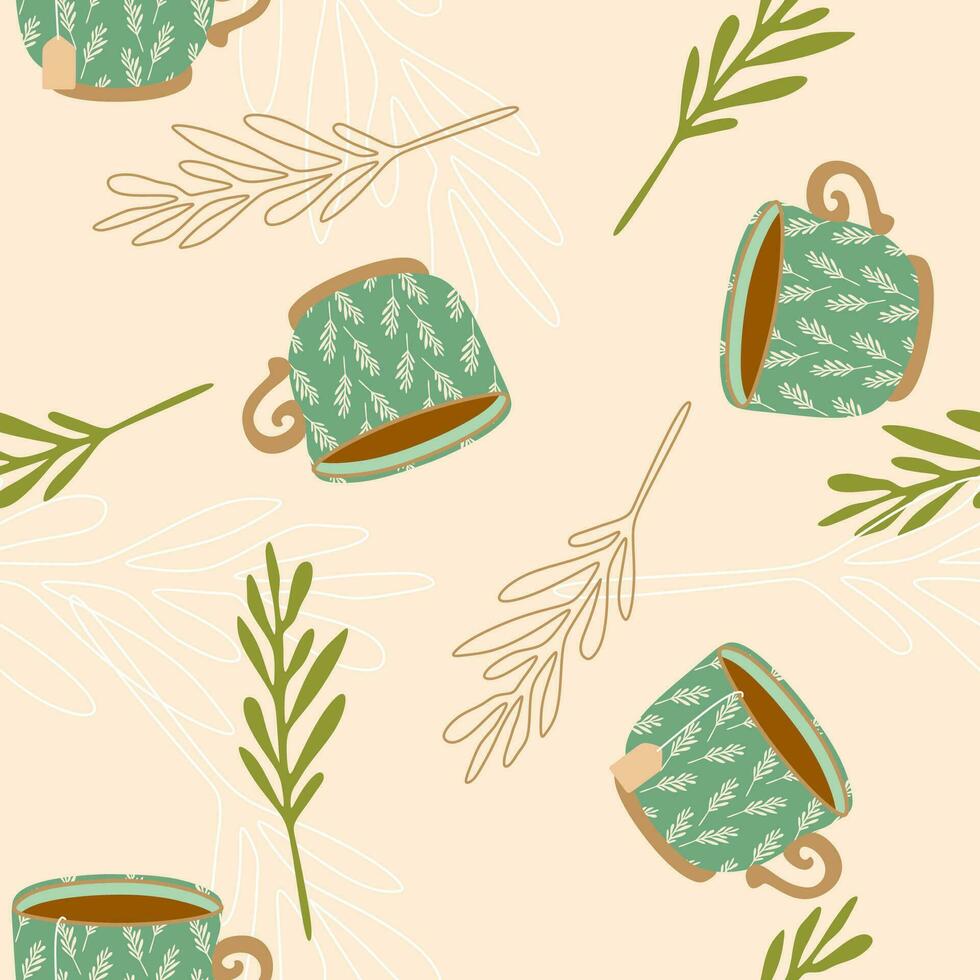 Coffee seamless pattern vintage style. Retro styled hot coffee cup on light background. Repeat vector illustration for cafe, cafeteria, restaurant, menu, textile, fabric, Decoration.
