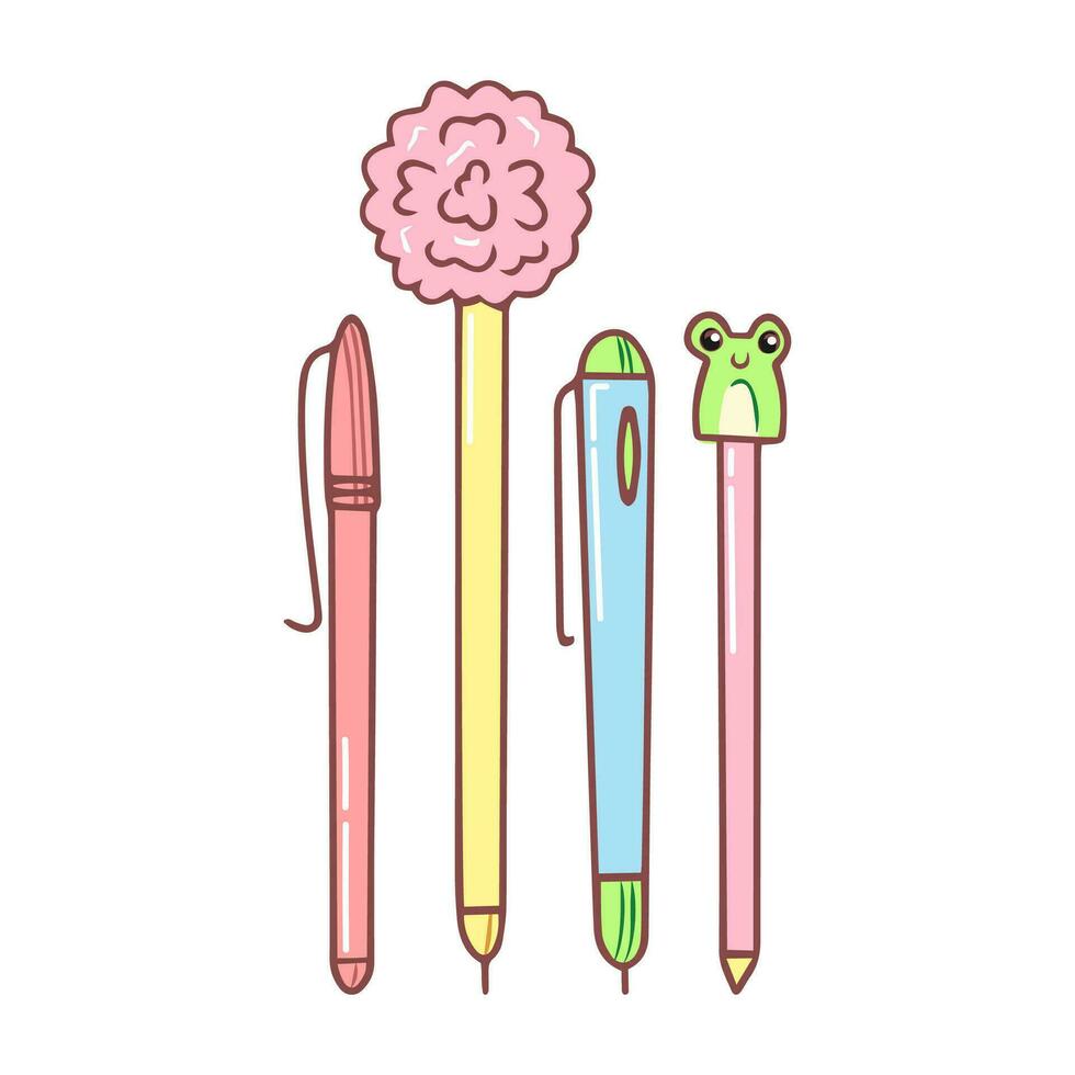 Set of cute pens. Kawaii pen with frog. Hand drawn stationery supplies doodle. Vector design illustration isolated on white.