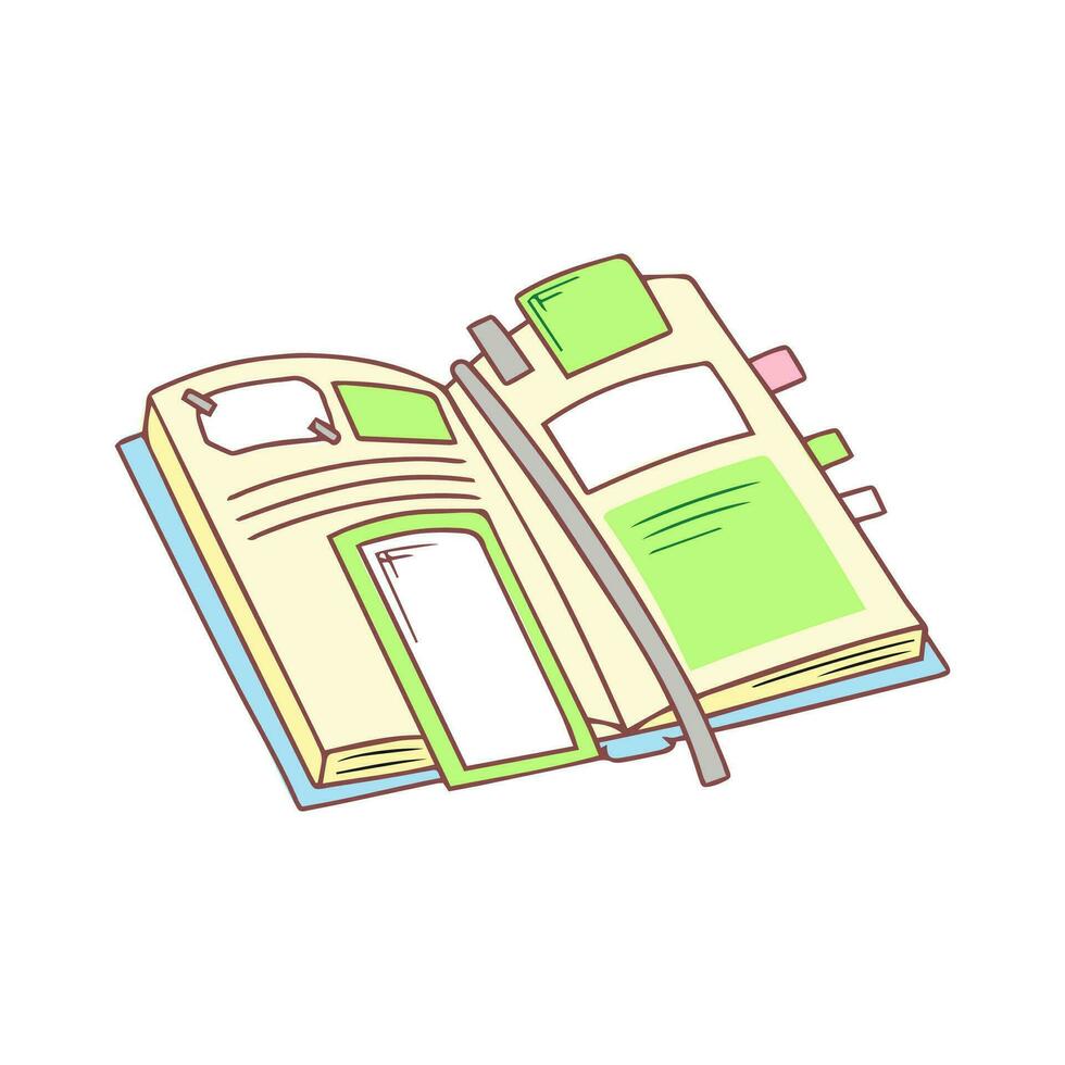 abierto cuaderno con marcadores y notas organizador. mano dibujado papelería suministros garabatear. vector diseño ilustración aislado en blanco.