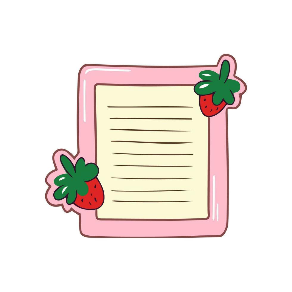 Blank notepad with cute strawberry. Hand drawn stationery supplies doodle. Vector design illustration isolated on white.