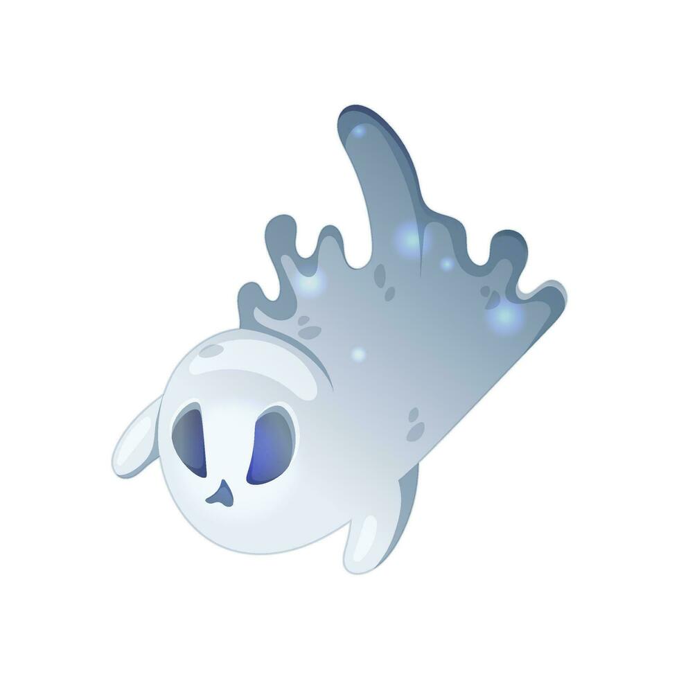Cute ghost that flies above the ground for Halloween. Cartoon style. Vector Illustration isolated on white.