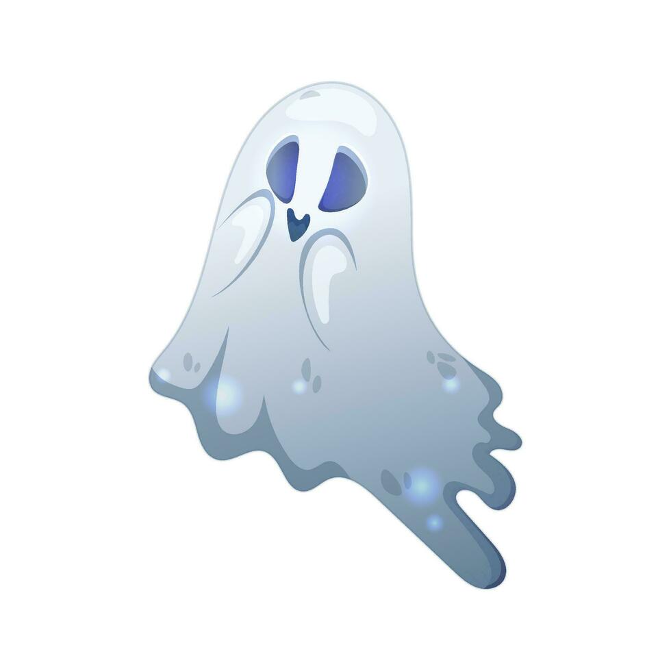 Cute ghost that flies above the ground for Halloween. Cartoon style. Vector Illustration isolated on white.