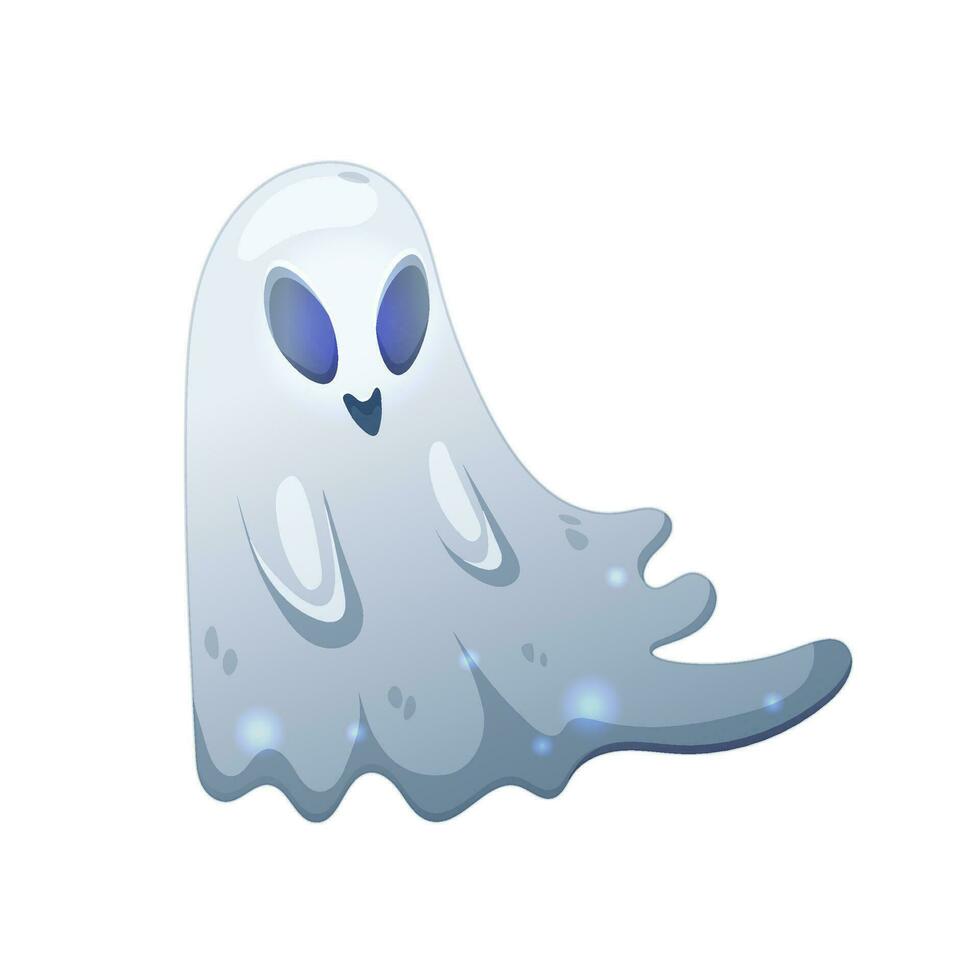 Cute ghost that flies above the ground for Halloween. Cartoon style. Vector Illustration isolated on white.