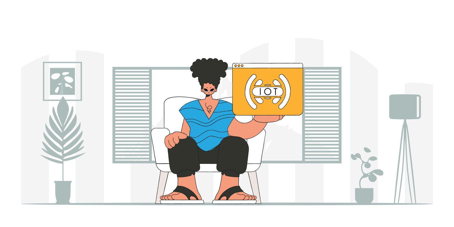 Guy holds IoT logo while seated on the ground, in modern character style. vector