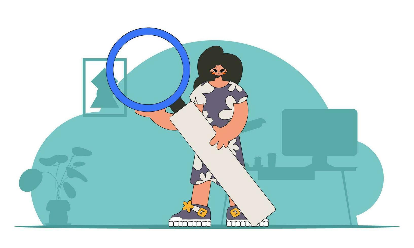 Concept Finding the necessary information on the Internet. The guy is holding a magnifying glass. Retro style character. vector