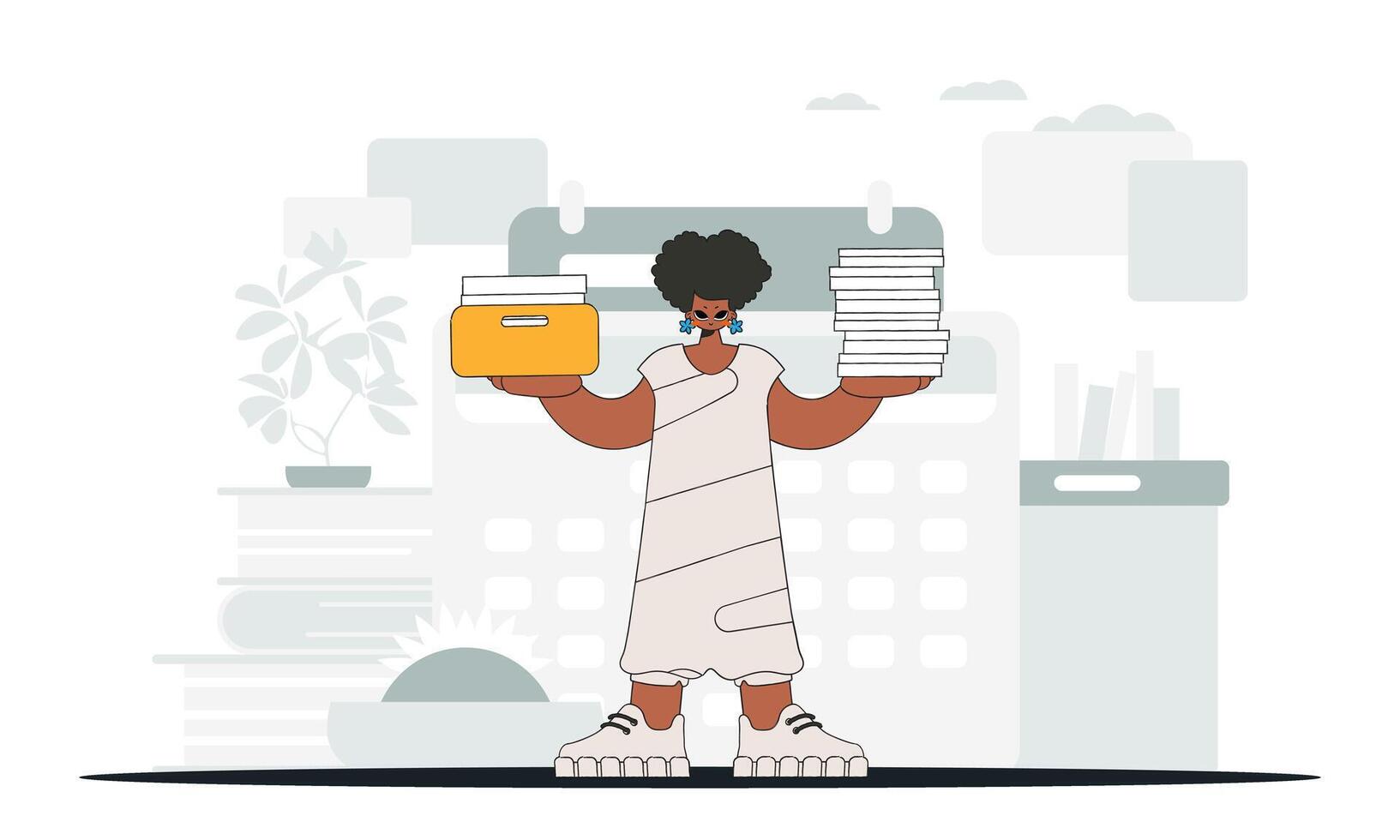 An elegant woman holds a stack of documents in her hands. An illustration demonstrating the importance of paying taxes for economic development. vector