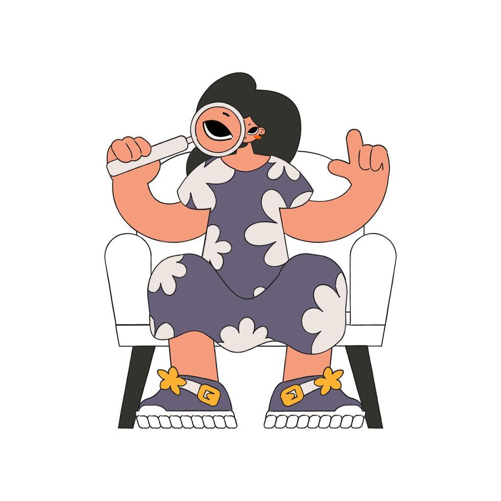 The girl is holding a magnifying glass in her hands. Search for information. Retro style character. vector