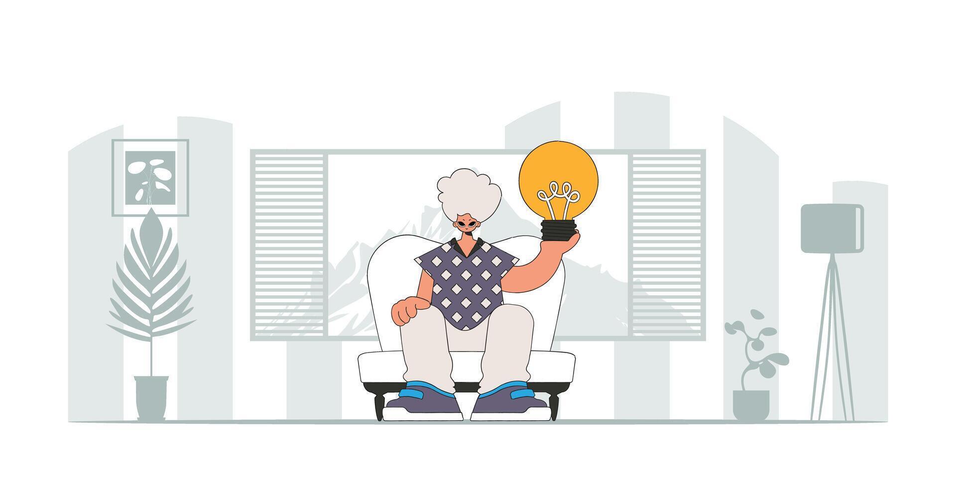 Stylish guy holds a light bulb in his hands. Idea concept. trendy character. vector