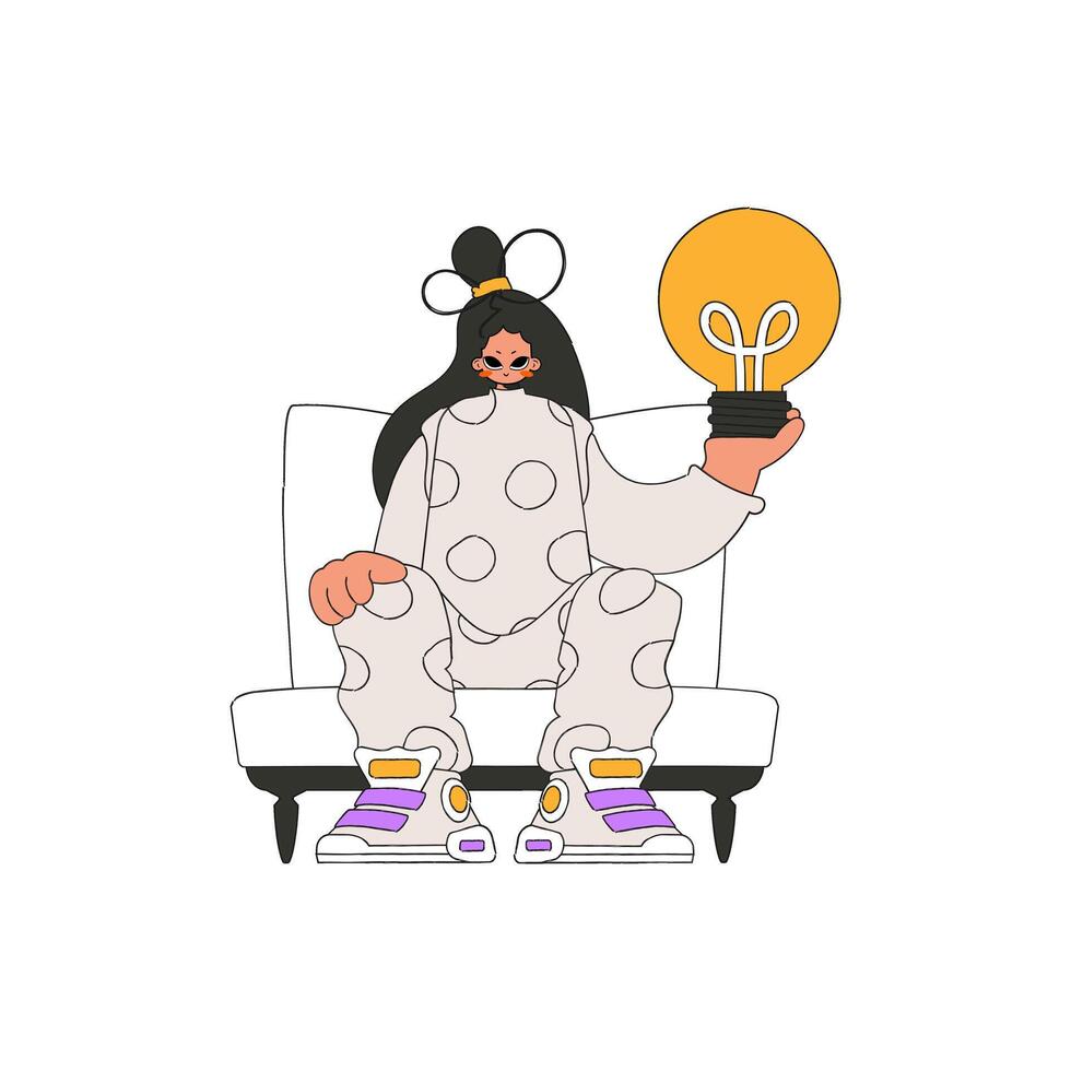 A presentable girl is holding a light bulb. Idea theme. vector