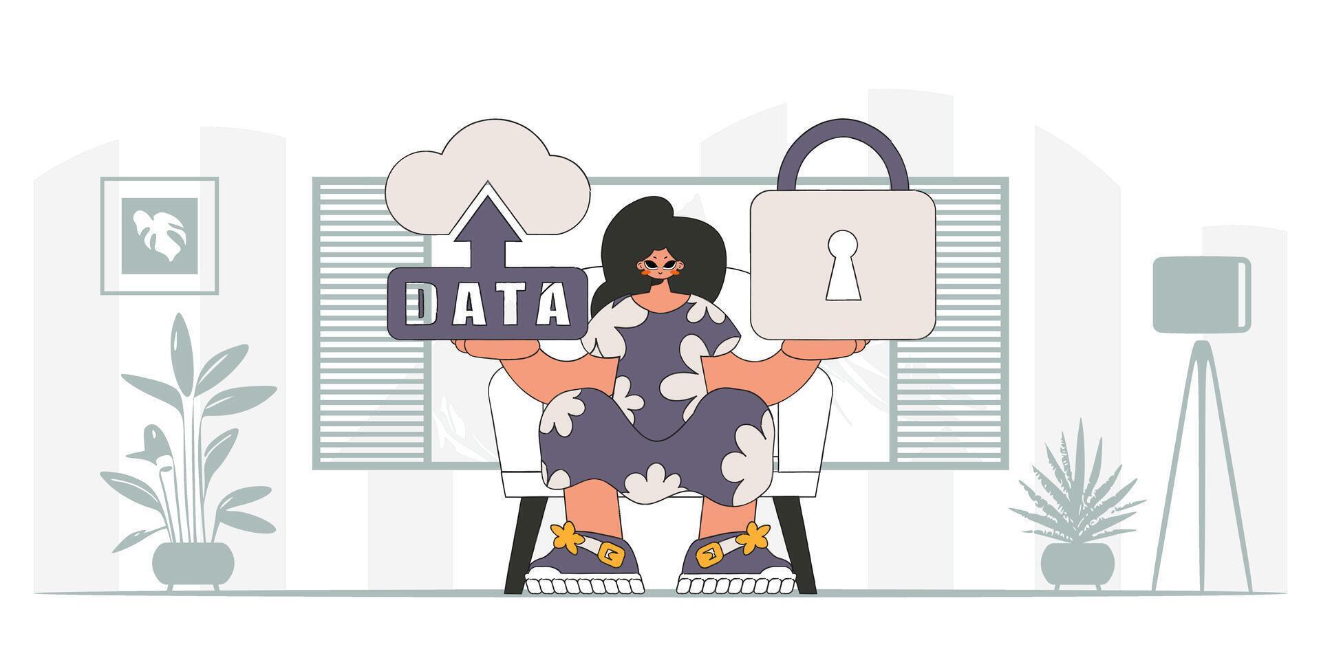 Girl adorned in cloud storage and padlock, in modern character style. vector